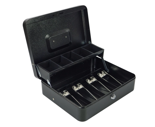 Kasetka na bilon 5 przegród i na banknoty 4 przegrody z zatrzaskami, zamykana na kluczyk, metalowa HD-CB30-9A