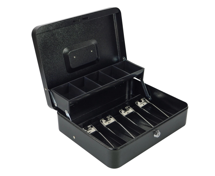 Kasetka na bilon 5 przegród i na banknoty 4 przegrody z zatrzaskami, zamykana na kluczyk, metalowa HD-CB30-9A