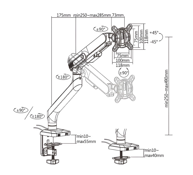 Uchwyt do monitora na biurko z wbudowanymi portami USB, przekątna 17"-32" SolidHand-ES01U