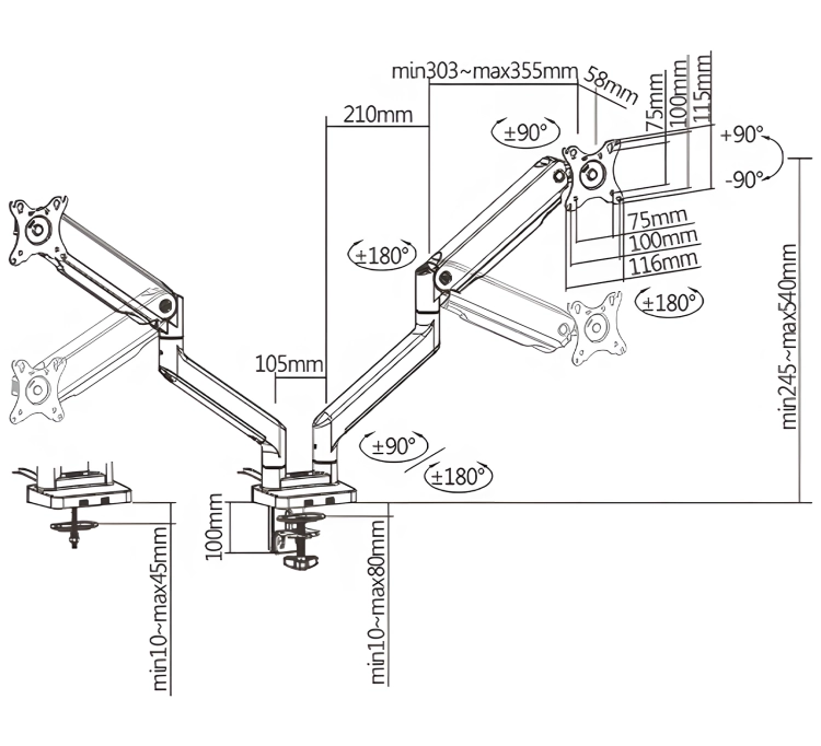 Podwójne ramię na monitory o przekatnej 17-32 cale i dwoma portami USB w podstawie, standard VESA i regulacja sprężyną mechaniczną SolidHand-CS02U