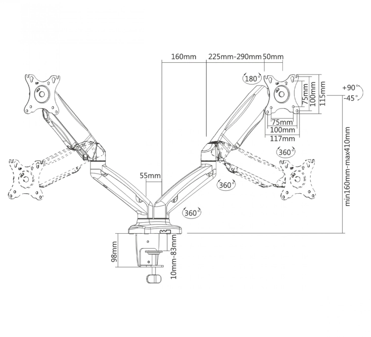 Podwójny uchwyt na monitor na biurko z przekątną 13-27 cali i sprężyną gazową SolidHand-SG02