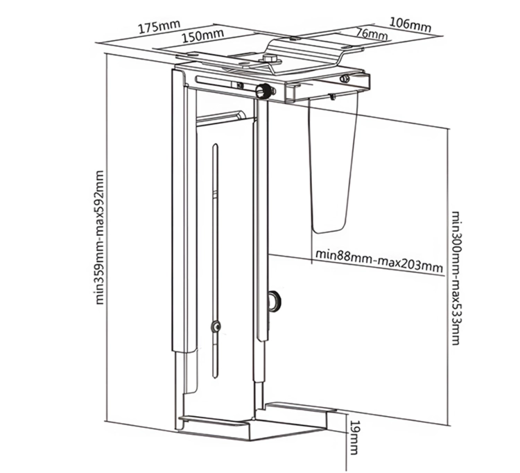 Uchwyt na komputer stacjonarny montowany pod blatem, regulowany z udźwigiem do 10 kg, solidny SolidHand-PC19