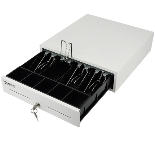 Szuflada kasowa z organizerem na pieniądze z 4 przegrodami na banknoty i 5 na bilon, na klucz, biała HD-KER33W