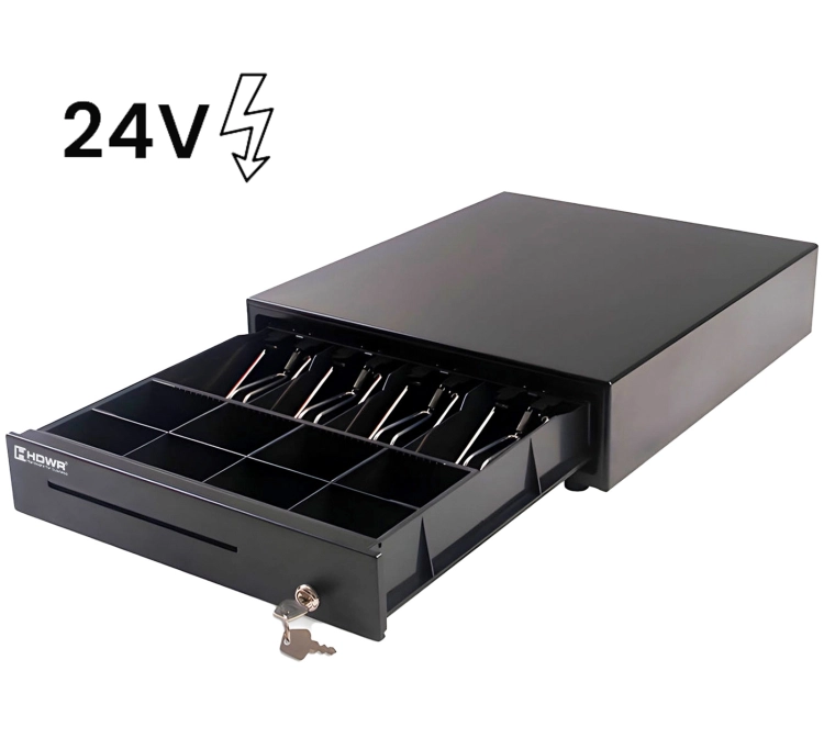 Szuflada kasjerska do kasy fiskalnej z napięciem 24V, 4 przegrody na banknoty i 8 na bilon, stalowa HD-KER35