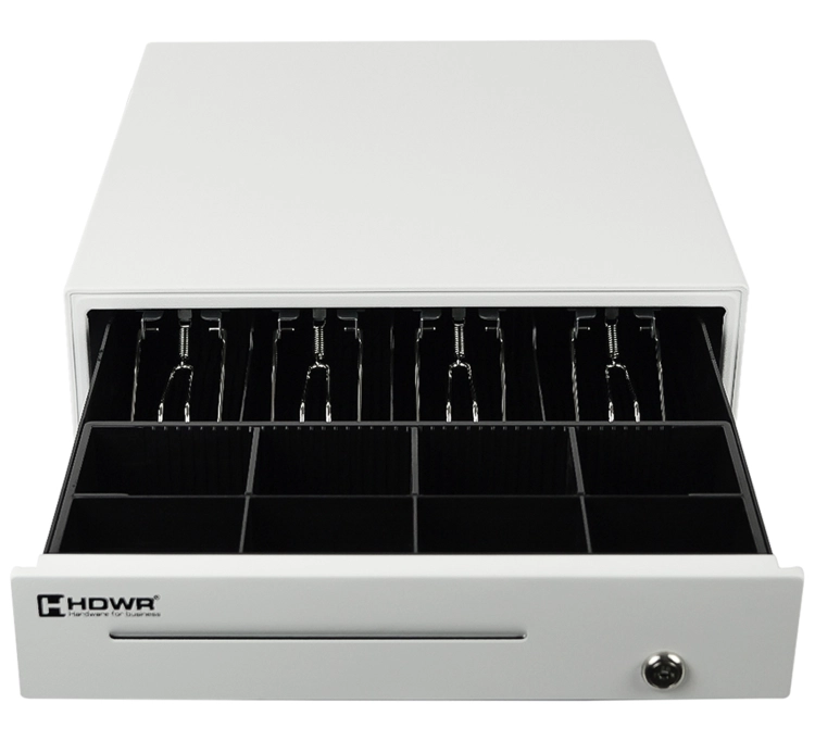 Szuflada kasjerska z 4 przegrodami na banknoty i 8 na monety, zamykana na klucz, biała HD-KER35W