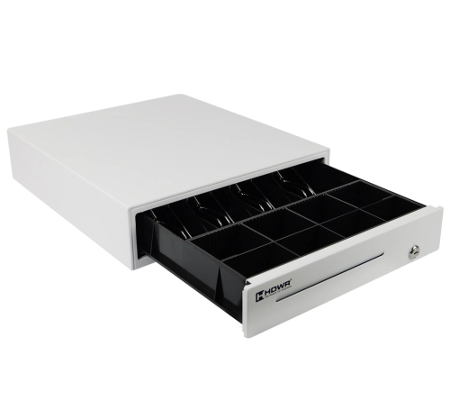 Szuflada kasowa na pieniądze z 4 przegrodami na banknoty i 8 na monety, zamykana na klucz, biała HD-KER35W