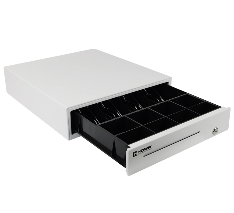 Szuflada kasowa na pieniądze z 4 przegrodami na banknoty i 8 na monety, zamykana na klucz, biała HD-KER35W