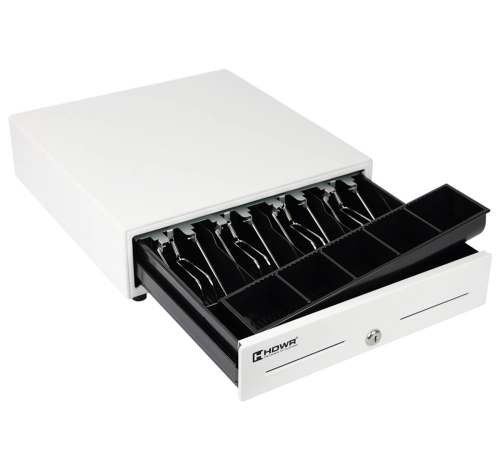 Szuflada kasowa na pieniądze z 4 przegrodami na banknoty i 5 na monety, wyjmowany organizer, biała HD-KR33W