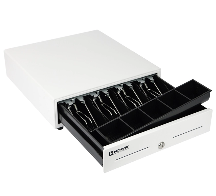 Szuflada kasowa na pieniądze z 4 przegrodami na banknoty i 5 na monety, wyjmowany organizer, biała HD-KR33W