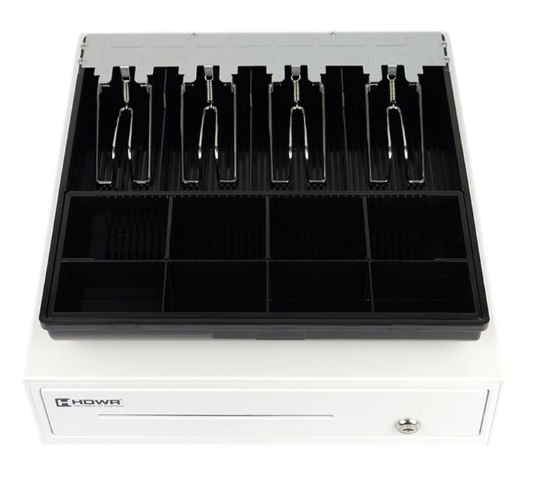 Szuflada do kasy fiskalnej zamykana na klucz i elektronicznie, biała, z wyjmowanym organizerem na pieniądze HD-KR35W