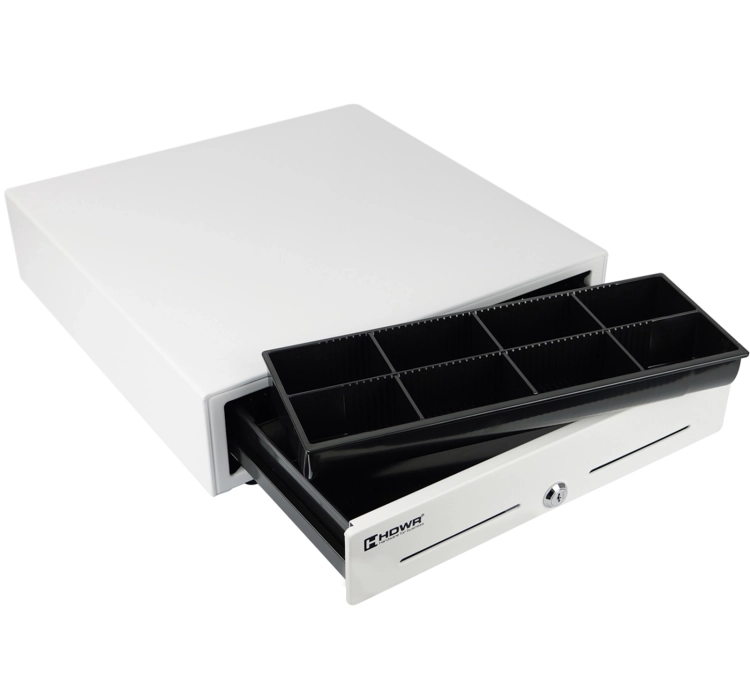 Szuflada kasowa z wyjmowanym organizerem, 5 przegród na banknoty i 8 na monety, elektroniczna, biała HD-KR41W