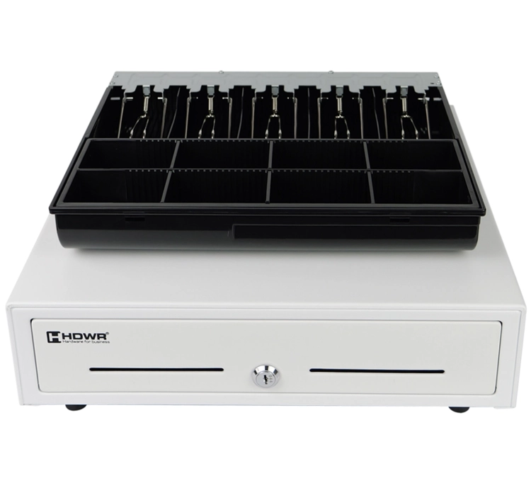 Szuflada kasjerska z wyjmowanym wkładem, zamykana na klucz i elektronicznie, 5 przegród na banknoty i aż 8 na monety  HD-KR41W