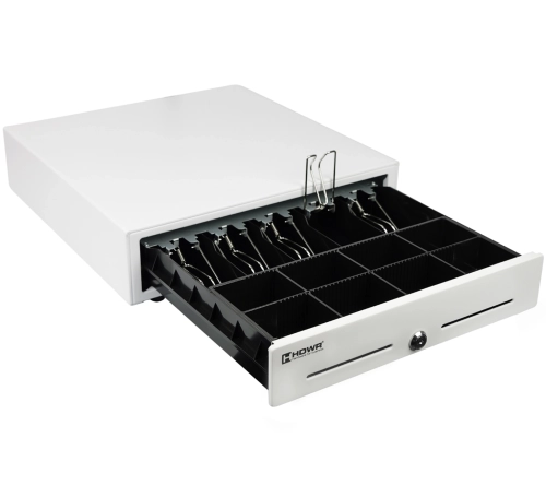 Szuflada do kasy fiskalnej z wyciąganym organizerem na pieniądze, biała, zamykana na klucz i elektronicznie HD-KR41W