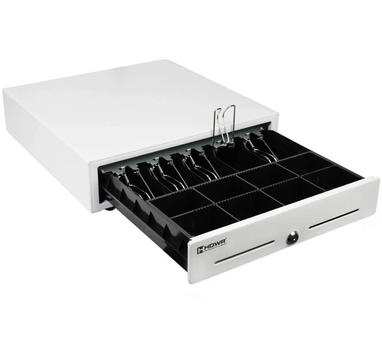 Szuflada do kasy fiskalnej z wyciąganym organizerem na pieniądze, biała, zamykana na klucz i elektronicznie HD-KR41W