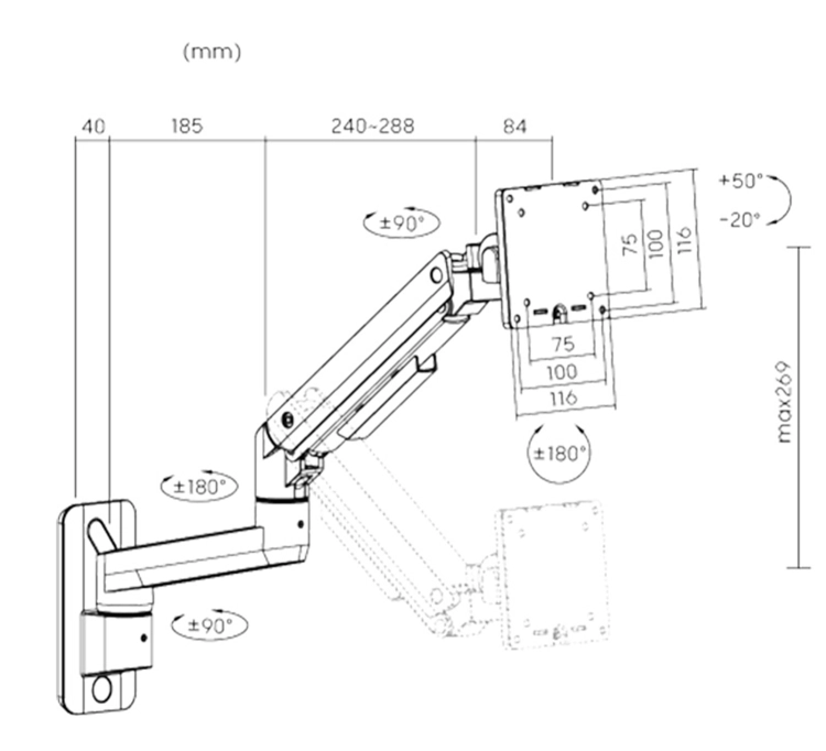 Ramię na monitor montowane do ściany z przekątną 17-49 cali i wagą monitora do 20 kg SolidHand-BGW01W