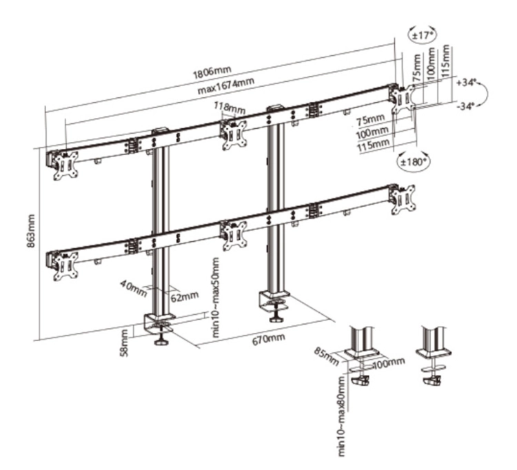 Wysięgnik do monitora na 6 ekranów o wadze do 8 kg i przekątnej 17-32 cale z regulacją wysokości SolidHand-CM06