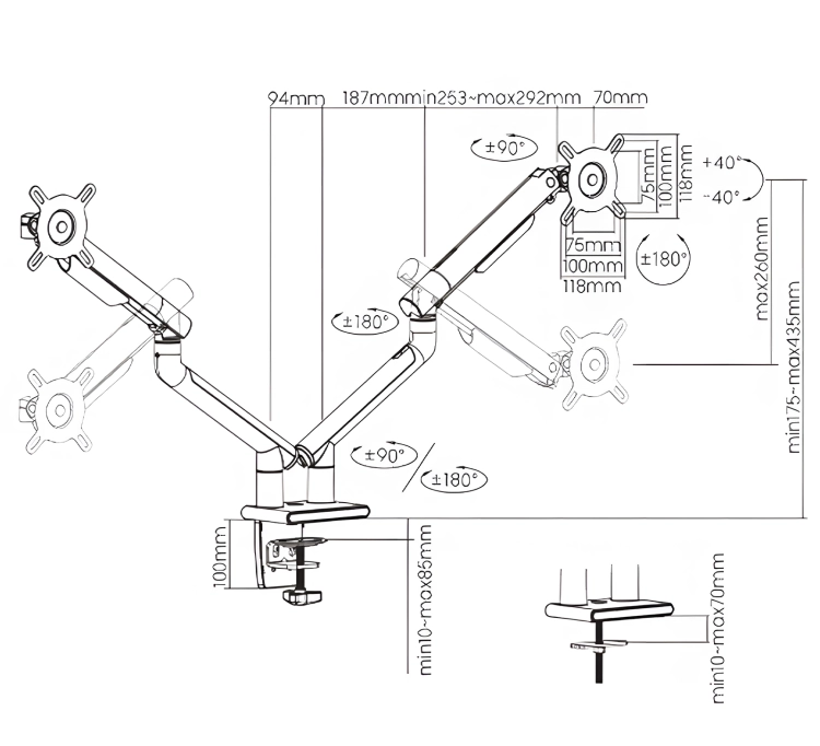 Uchwyt biurkowy do 2 monitorów o przekątnej 17-32 cale z regulacją sprężyną mechaniczną SolidHand-BS02