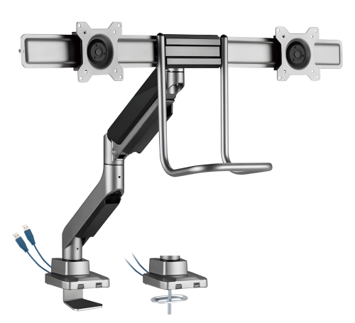 Stojak na 2 monitory z przekątną 17-32 cale z 2 portami USB w podstawie, ze sprężyną gazową SolidHand- BM02U