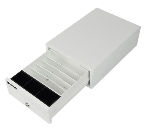 Szuflada kasowa z 5 przegrodami na banknoty i 3 na monety, biała i kompaktowa HD-KER20W
