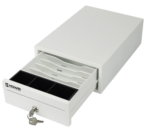 Szuflada na pieniądze z 5 przegrodami na banknoty i 3 na monety, kompaktowa, biała, z mocnej stali HD-KER20W