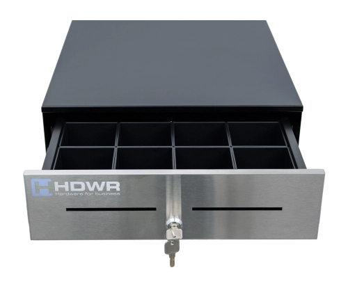 Szuflada na 8 różnych banknotów i 8 nominałów monet, czarna ze srebrnym frontem, na klucz securePRO-415S