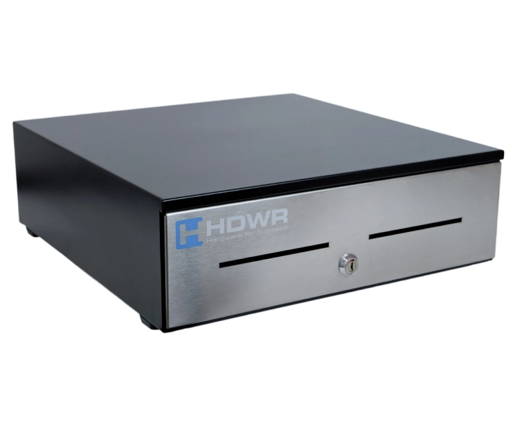 Szuflada kasowa z 8 przegrodami na banknoty i 8 na monety, czarna ze srebrnym frontem securePRO-415S