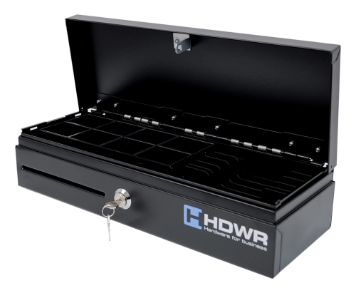 Duża kasetka na pieniądze zamykana na klucz z organizerem po 8 przegród na monety i banknoty securePRO-460