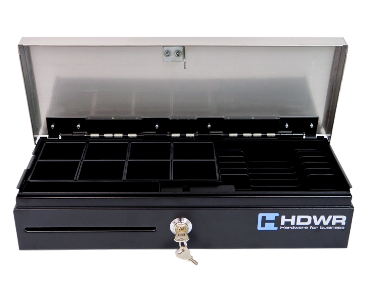 Kasetka na monety i banknoty z organizerem 2x po 8 przegród, podłużna i otwierana od góry securePRO-460S