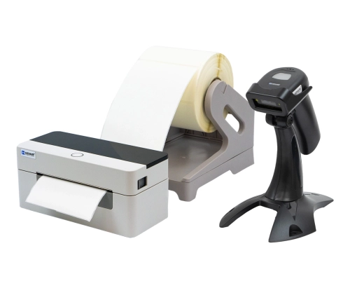 Zestaw drukarka etykiet OPrint-XC200W, stojak na etykiety OPrint-LSW, skaner QR HD2600A i etykiety termiczne