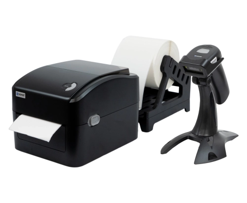 Zestaw drukarka etykiet OPrint-XD200N, podajnik do etykiet OPrint-LSB, skaner kodów QR HD2600A i etykiety termiczne