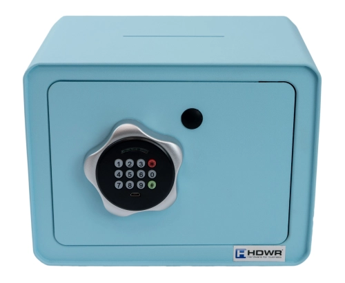 Sejf domowy na kod PIN i klucz z dodatkową szczeliną na górze, błękitna, kompaktowa skrytka SecureBox-15