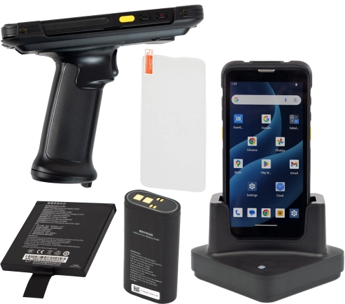 Zestaw: terminal mobilny AndroSavvy-660 z dodatkowym akumulatorem, stacja ładująca, uchwyt pistoletowy z baterią, 2x szkło ochronne