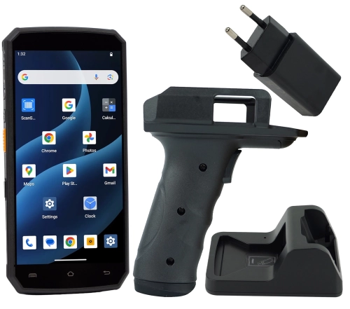 Terminal mobilny AndroSavvy-200 w zestawie ze stacją dokującą, zasilaczem, uchwytem typu GUN
