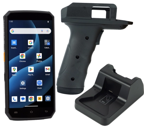 Terminal magazynowy ze skanerem kodów QR i Androidem 15 w zestawie z uchwytem typu GUN i stacją dokującą