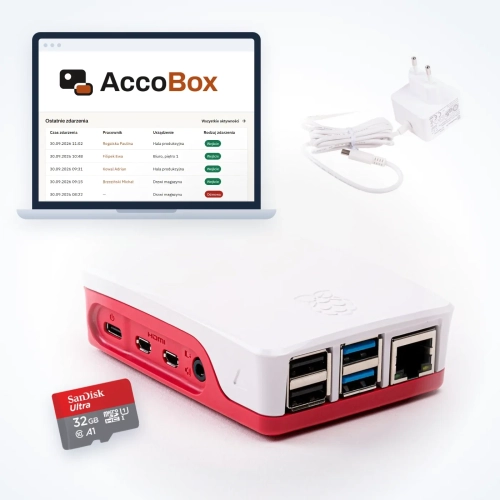 Centrala kontroli dostępu AccoBox-Hub z kartą microSD, zasilaczem i panelem AccoBox