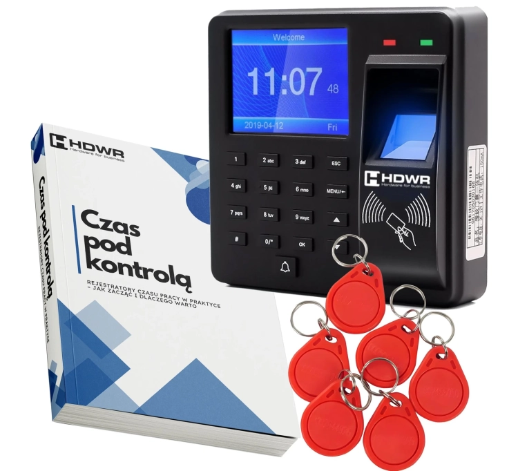 Zegar czasu pracy CTR10 w zestawie z 10 brelokami RFID 125 kHz, e-bookiem "Czas pod kontrolą" i programem ClockSum